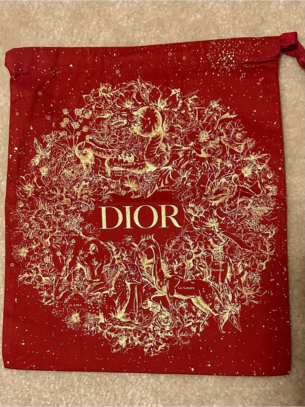 Dior Red Drawstring Dust Bag with Gold Motif